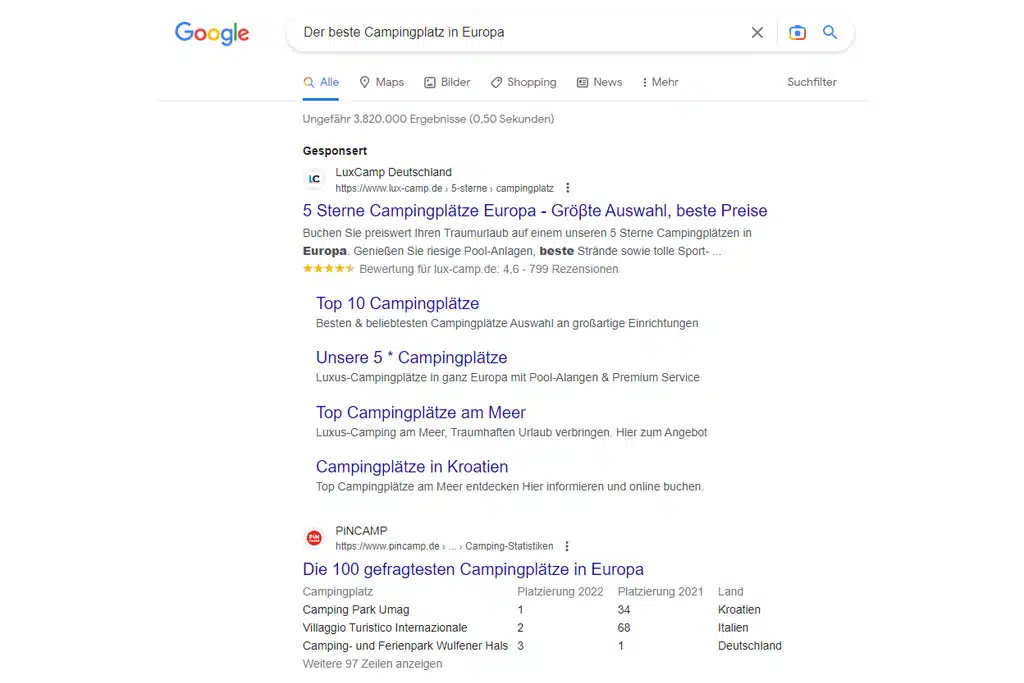 Screenshot Google Suchergebnisse