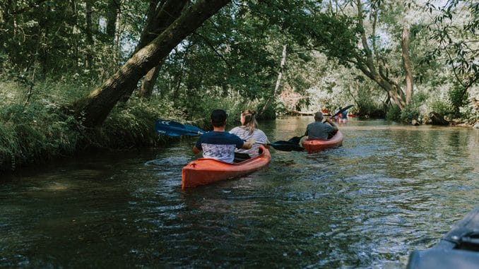 Zwei Kanus auf kleinem Fluss im Wald