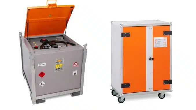 Graue Box und grauer Schrank-Korpus mit orangefarbenem Deckel bzw. Schranktür