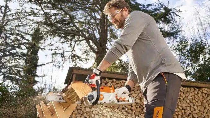 Mann zersägt Holzscheite mit einer Akkusäge